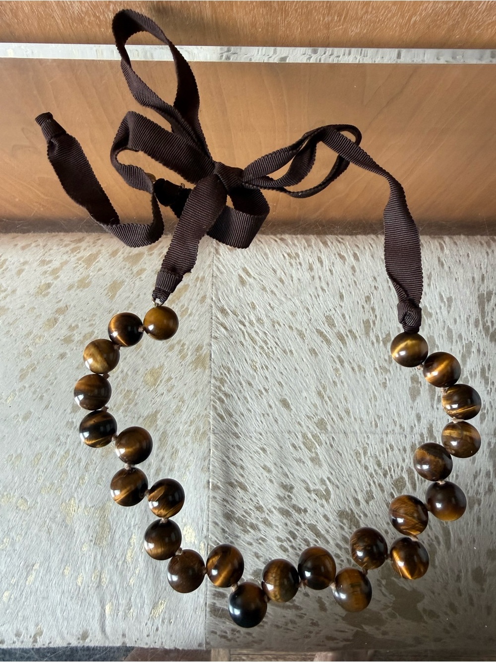 J Crew Brown Tiger Eye Bead Necklace with Ribbon Tie